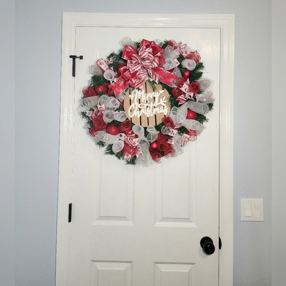 Festive Merry Christmas Wreath - Red, White, Silver